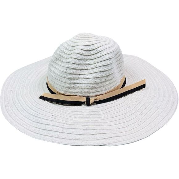 White Brim with Black and Tan Ribbon Straw Sun Hat - Picture 1 of 5